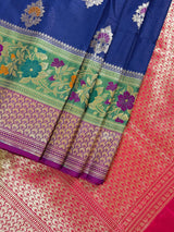 Blue with Green & Purple Banarasi saree in banarasi silk with muted gold zari with meenakari & 9" border — Kaash Collection