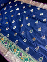 Blue with Green & Purple Banarasi saree in banarasi silk with muted gold zari with meenakari & 9" border — Kaash Collection