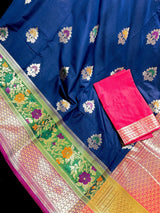 Blue with Green & Purple Banarasi saree in banarasi silk with muted gold zari with meenakari & 9" border — Kaash Collection