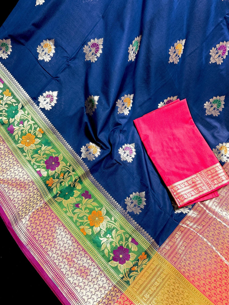 Blue with Green & Purple Banarasi saree in banarasi silk with muted gold zari with meenakari & 9" border — Kaash Collection