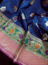 Blue with Green & Purple Banarasi saree in banarasi silk with muted gold zari with meenakari & 9" border — Kaash Collection