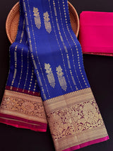 Blue pure kanjivaram kanchipuram silk saree with muted gold zari weave — Kaash Collection