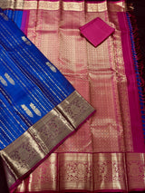 Blue pure kanjivaram kanchipuram silk saree with muted gold zari weave — Kaash Collection