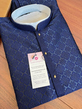 Blue men's kurta pajama in soft silk (non-pure) with embossed embroidery design — Kaash Collection