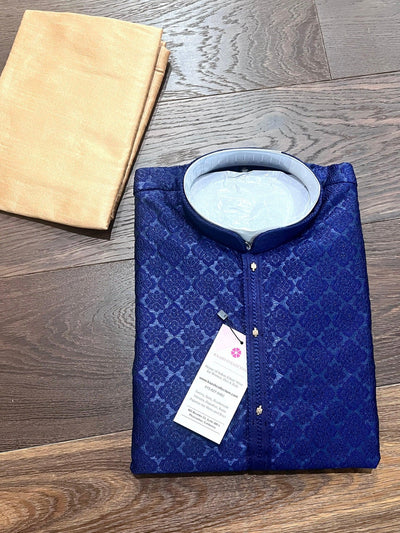 Blue men's kurta pajama in soft silk (non-pure) with embossed embroidery design — Kaash Collection