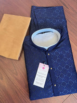 Blue men's kurta pajama in soft silk (non-pure) with embossed embroidery design — Kaash Collection