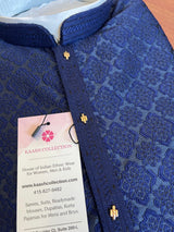 Blue men's kurta pajama in soft silk (non-pure) with embossed embroidery design — Kaash Collection