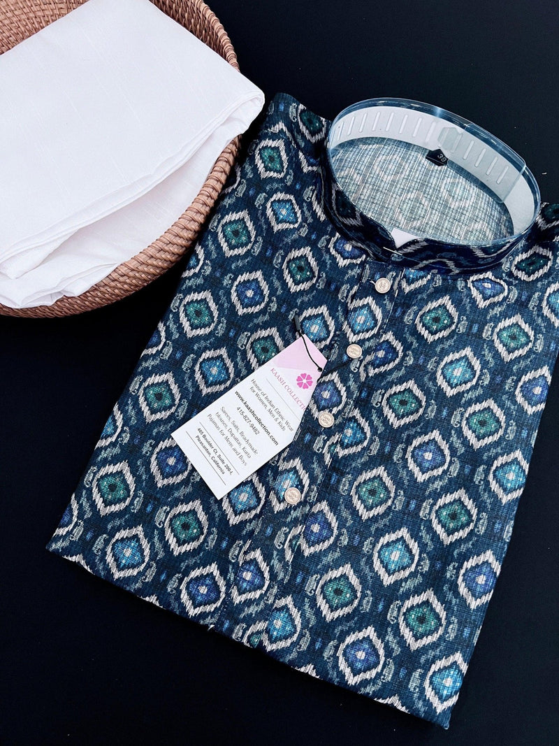 Peacock Blue Ikkat men's kurta pajama in soft silk (non-pure, crepe-like) with ikkat digital print — Kaash Collection
