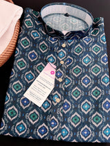 Peacock Blue Ikkat men's kurta pajama in soft silk (non-pure, crepe-like) with ikkat digital print — Kaash Collection