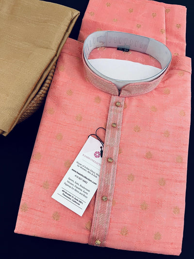 Blush Pink men's kurta pajama in raw silk (non-pure) with designer self-weave — Kaash Collection