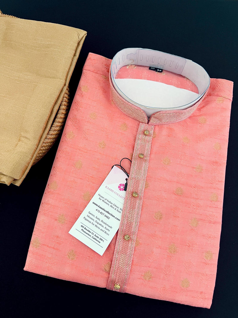 Blush Pink designer Men Kurta Pajama Set with Weave Work | Raw Silk Men Ethnic Wear| Designer Men Wear | Pink Color Kurta - Kaash