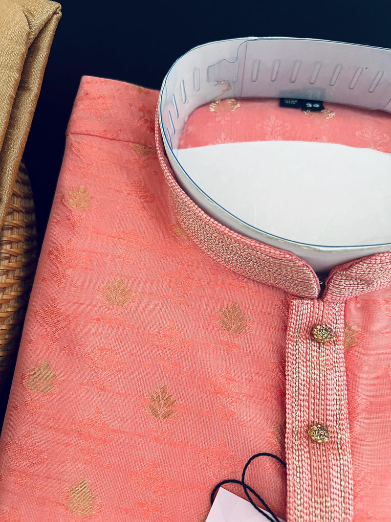 Blush Pink designer Men Kurta Pajama Set with Weave Work | Raw Silk Men Ethnic Wear| Designer Men Wear | Pink Color Kurta - Kaash