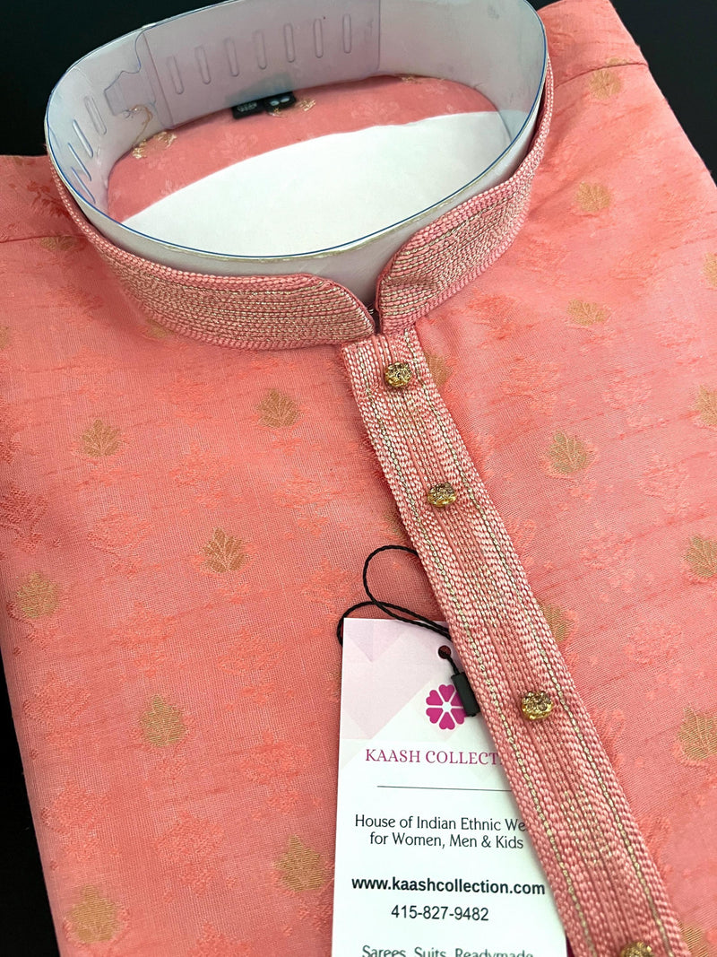 Blush Pink designer Men Kurta Pajama Set with Weave Work | Raw Silk Men Ethnic Wear| Designer Men Wear | Pink Color Kurta - Kaash
