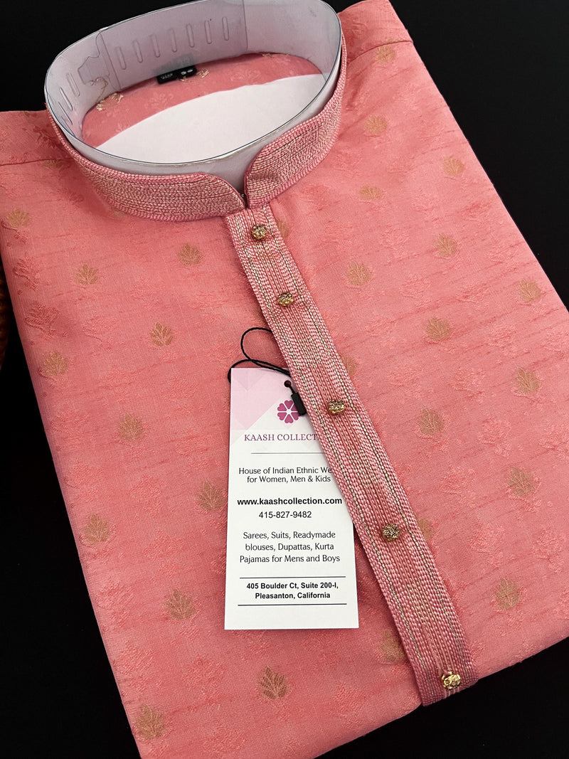 Blush Pink designer Men Kurta Pajama Set with Weave Work | Raw Silk Men Ethnic Wear| Designer Men Wear | Pink Color Kurta - Kaash