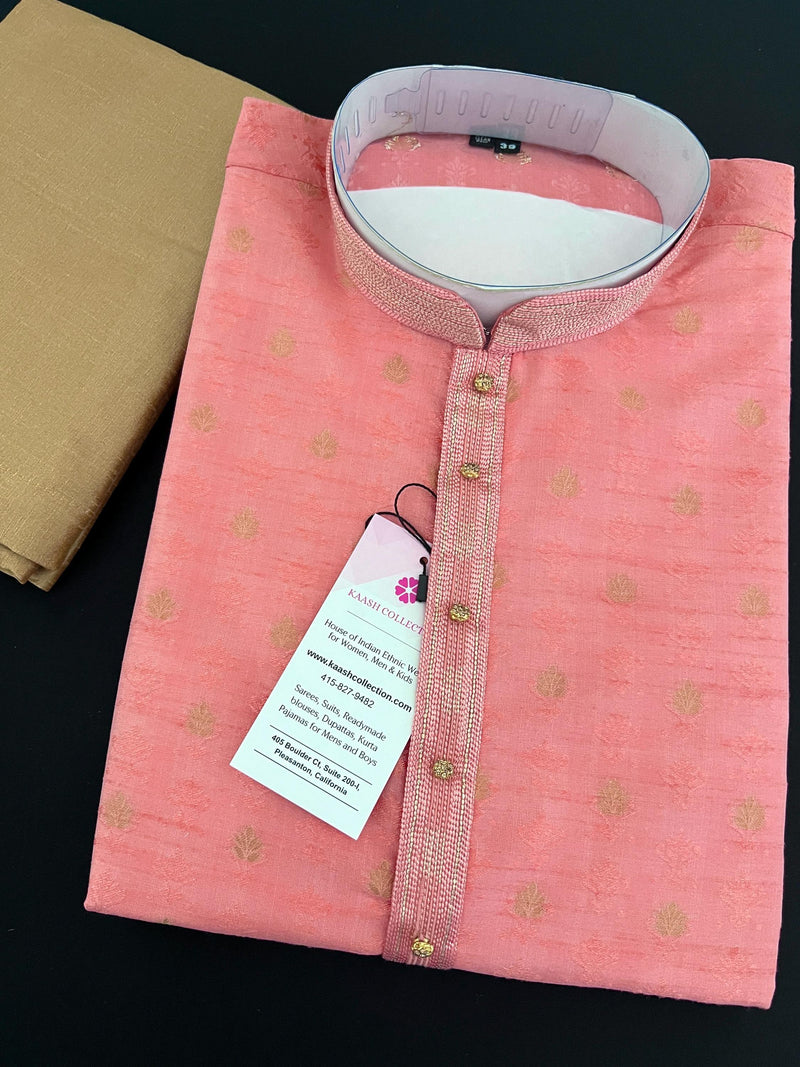 Blush Pink designer Men Kurta Pajama Set with Weave Work | Raw Silk Men Ethnic Wear| Designer Men Wear | Pink Color Kurta - Kaash