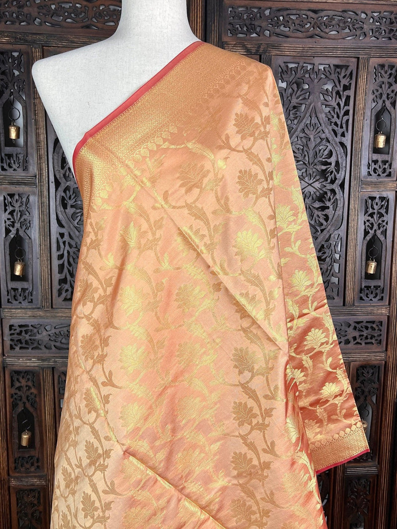 Blush/Skin Pink Banarasi Pastel dupatta in soft silk (non-pure) with floral jaal with gold zari — Kaash Collection