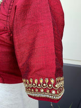 Boat Neck Maroon Raw Silk ready-to-wear blouse with boat neck with handwork & beads — Kaash Collection