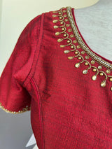 Boat Neck Maroon Raw Silk ready-to-wear blouse with boat neck with handwork & beads — Kaash Collection
