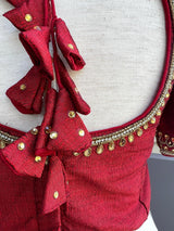 Boat Neck Maroon Raw Silk ready-to-wear blouse with boat neck with handwork & beads — Kaash Collection