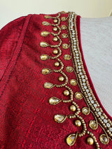 Boat Neck Maroon Raw Silk ready-to-wear blouse with boat neck with handwork & beads — Kaash Collection