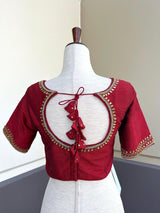 Boat Neck Maroon Raw Silk ready-to-wear blouse with boat neck with handwork & beads — Kaash Collection