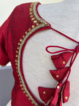 Boat Neck Maroon Raw Silk ready-to-wear blouse with boat neck with handwork & beads — Kaash Collection