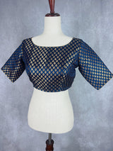 Boat Neck Midnight Blue Pure Banarasi ready-to-wear blouse with boat neck with gold buttis — Kaash Collection