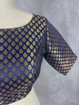 Boat Neck Midnight Blue Pure Banarasi ready-to-wear blouse with boat neck with gold buttis — Kaash Collection