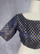 Boat Neck Midnight Blue Pure Banarasi ready-to-wear blouse with boat neck with gold buttis — Kaash Collection