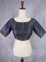 Boat Neck Midnight Blue Pure Banarasi ready-to-wear blouse with boat neck with gold buttis — Kaash Collection