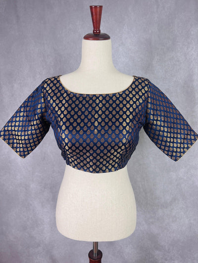 Boat Neck Midnight Blue Pure Banarasi ready-to-wear blouse with boat neck with gold buttis — Kaash Collection
