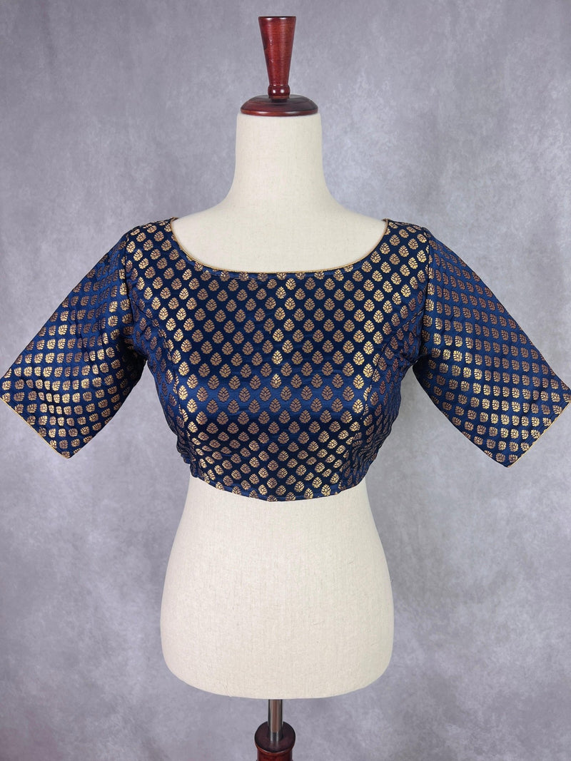Boat Neck Midnight Blue Pure Banarasi ready-to-wear blouse with boat neck with gold buttis — Kaash Collection