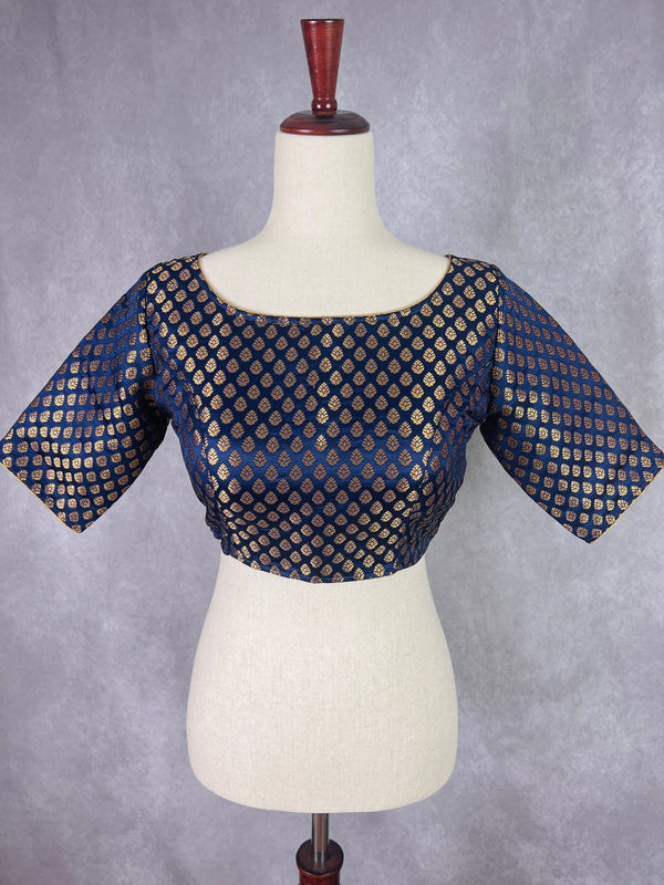 Boat Neck Midnight Blue Color Readymade Blouse with Gold Buttis in Pure Banarasi Silk | Readymade Blouses | Blue Color Stitched Blouse - Kaash