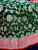 Bottle Green and Red pure banarasi georgette silk saree with muted gold water zari — Kaash Collection