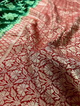 Bottle Green and Red pure banarasi georgette silk saree with muted gold water zari — Kaash Collection