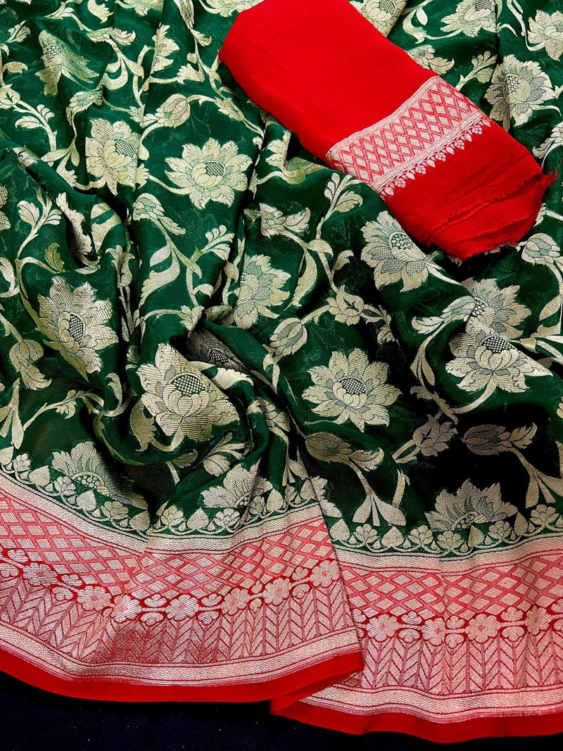 Bottle Green and Red pure banarasi georgette silk saree with muted gold water zari — Kaash Collection