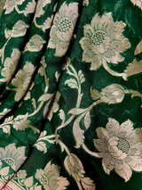 Bottle Green and Red pure banarasi georgette silk saree with muted gold water zari — Kaash Collection