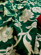 Bottle Green and Red pure banarasi georgette silk saree with muted gold water zari — Kaash Collection