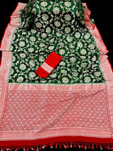 Bottle Green and Red pure banarasi georgette silk saree with muted gold water zari — Kaash Collection