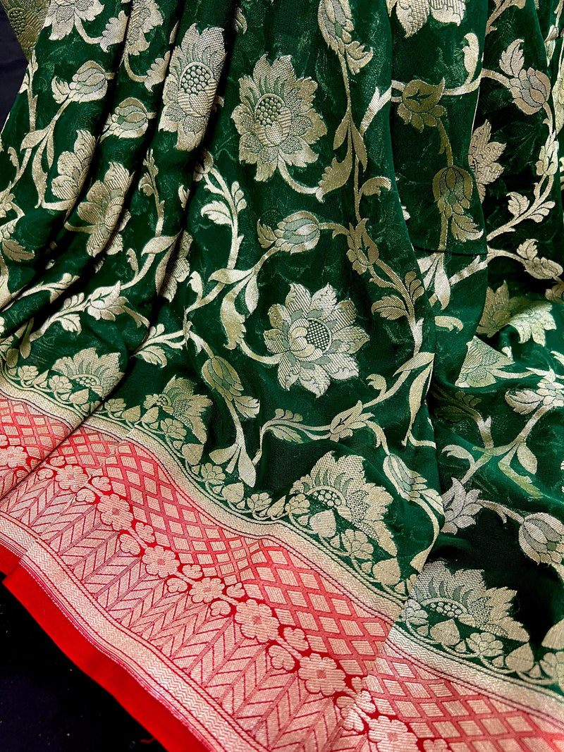 Bottle Green and Red Color Pure Georgette Silk Saree with Muted Gold Water Zari | Floral Jaal Saree | SILK MARK CERTIFIED - Kaash