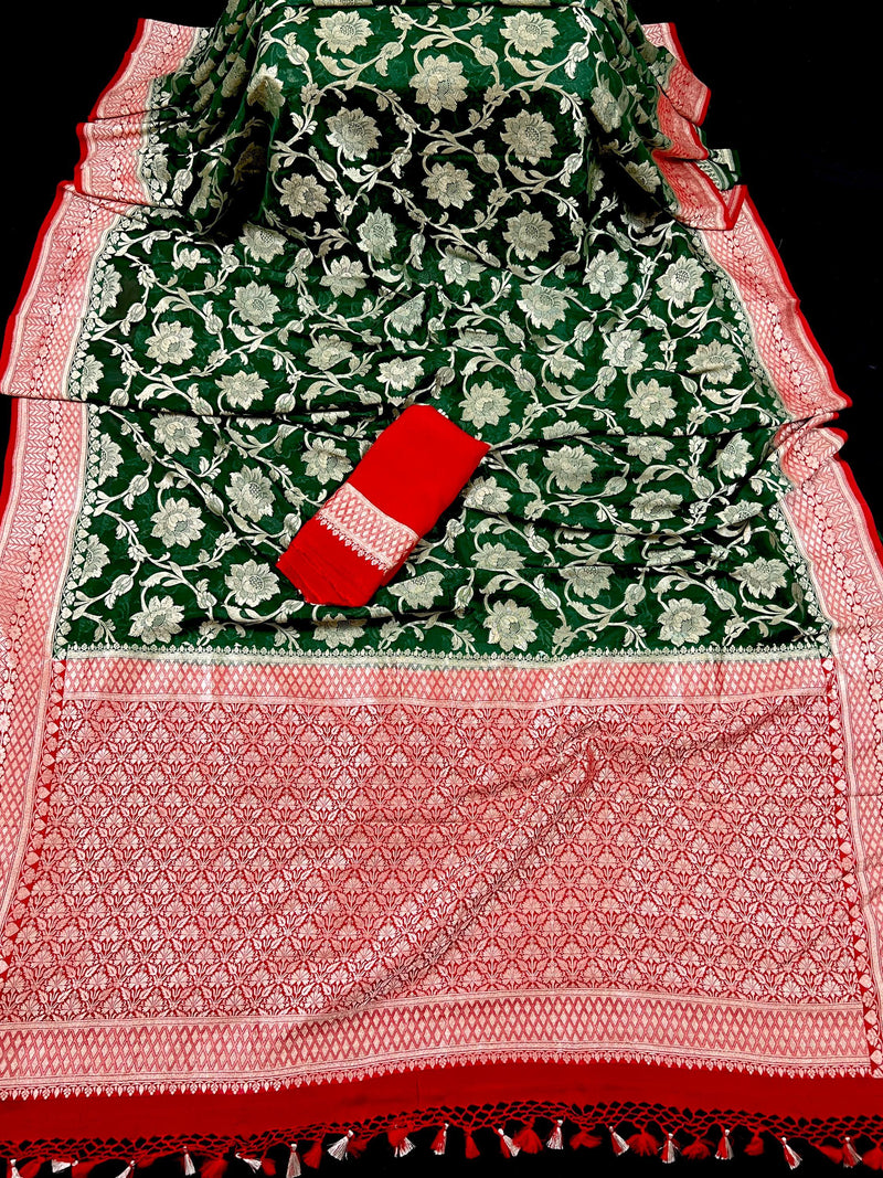 Bottle Green and Red Color Pure Georgette Silk Saree with Muted Gold Water Zari | Floral Jaal Saree | SILK MARK CERTIFIED - Kaash