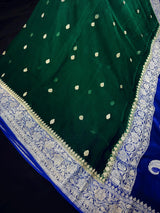 Bottle Green and Royal Blue pure banarasi chiffon silk saree with silver zari weave — Kaash Collection