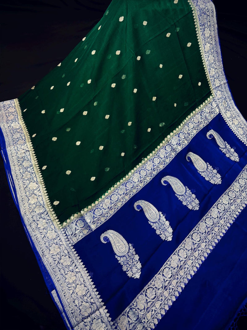Bottle Green and Royal Blue pure banarasi chiffon silk saree with silver zari weave — Kaash Collection