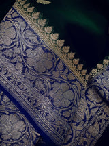 Bottle Green and Royal Blue pure banarasi chiffon silk saree with silver zari weave — Kaash Collection