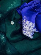 Bottle Green and Royal Blue pure banarasi chiffon silk saree with silver zari weave — Kaash Collection