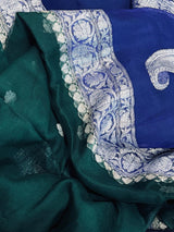 Bottle Green and Royal Blue pure banarasi chiffon silk saree with silver zari weave — Kaash Collection