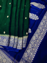 Bottle Green and Royal Blue pure banarasi chiffon silk saree with silver zari weave — Kaash Collection