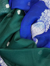 Bottle Green and Royal Blue pure banarasi chiffon silk saree with silver zari weave — Kaash Collection