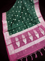 Bottle Green with Dusty Pink Border banarasi semi-kora saree with silver zari with dusty pink border — Kaash Collection