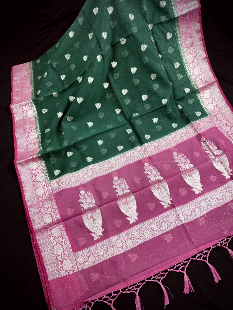 Bottle Green with Dusty Pink Border banarasi semi-kora saree with silver zari with dusty pink border — Kaash Collection